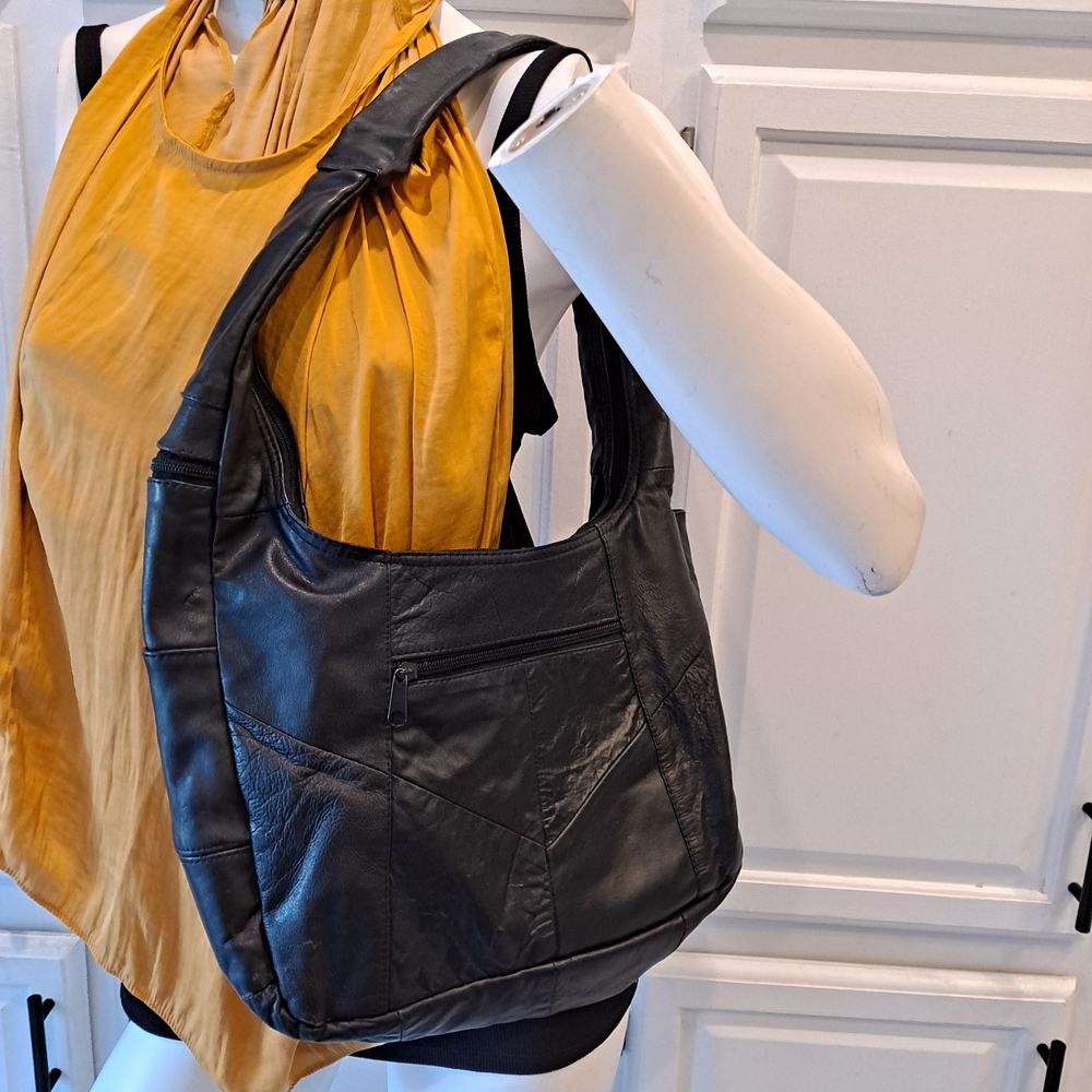 Chic Classic Black Patchwork Leather Hobo Shoulde… - image 2